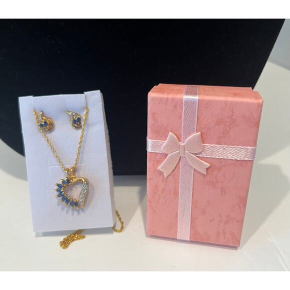 NEW Goldtone Sapphire Birthstone CZ Heart Necklace and Stud Pierced Earring Set - Picture 8 of 8
